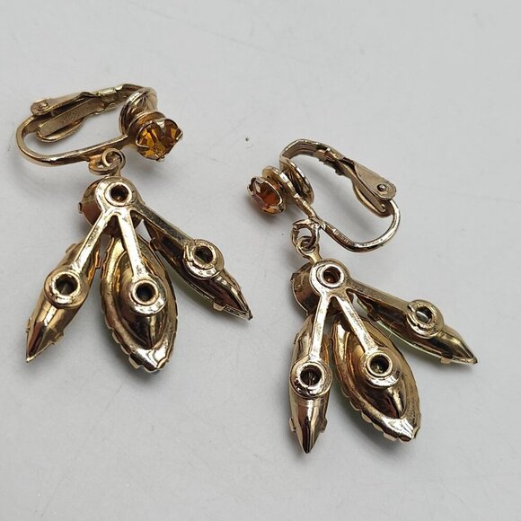 Vintage Topaz Rhinestone Opalescent Glass Clip-On Earrings Gold Tone Settings - Picture 4 of 5